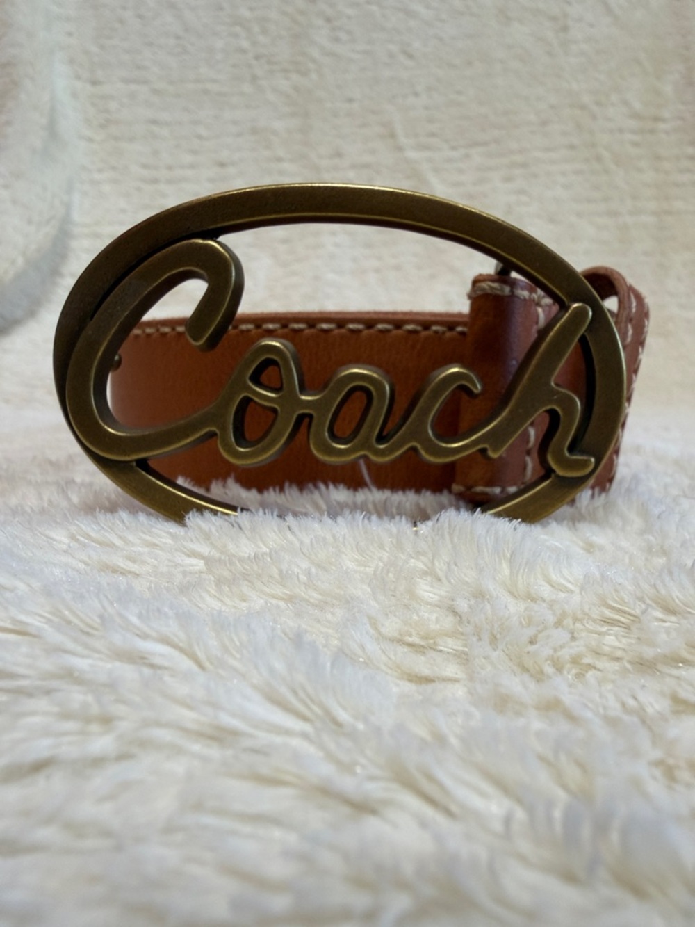 Coach Tan Leather Belt with Gold Script Buckle
